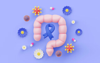 Bowel cancer awareness illustration showing colon with blue ribbon