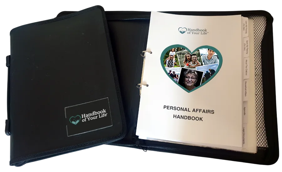 End-of-Life Planning Handbook zip binder showing internal contents