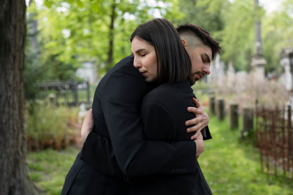 Two people supporting each other during grief.