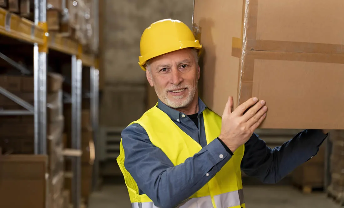 Australian worker in a workplace setting with family life represented in the background during Safe Work Month
