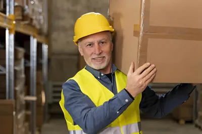 Man carrying box carefully to ensure safety in the workplace