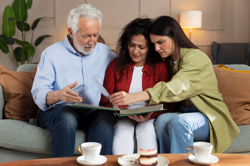 Family sitting together at home, using photos to support memory and shared conversation.